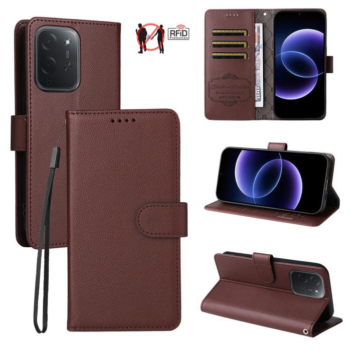 Funda de cuero para teléfono con forma de cartera de 3 tarjetas con bloqueo RFID y textura de lichi, For Xiaomi 17 Max 5G, For Xiaomi 17T Pro 5G, For Xiaomi 17T 5G, For Xiaomi 17 Ultra, For Xiaomi Poco M7 4G 169mm, For Xiaomi Poco M7 4G 171mm          ...