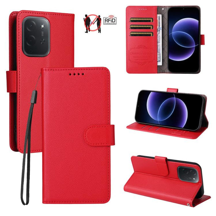 Funda de cuero para teléfono con forma de cartera de 3 tarjetas con bloqueo RFID y textura de lichi, For Xiaomi 17 Max 5G, For Xiaomi 17T Pro 5G, For Xiaomi 17T 5G, For Xiaomi 17 Ultra, For Xiaomi Poco M7 4G 169mm, For Xiaomi Poco M7 4G 171mm          ...
