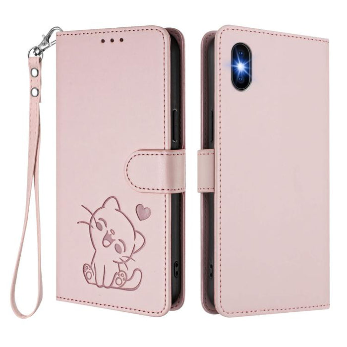 Embossed Heart Cat Leather Phone Case with Hand Strap, For iPhone X / XS, For iPhone XR, For iPhone XS Max, For iPhone 7 Plus / 8 Plus