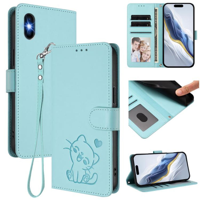 Embossed Heart Cat Leather Phone Case with Hand Strap, For iPhone X / XS, For iPhone XR, For iPhone XS Max, For iPhone 7 Plus / 8 Plus
