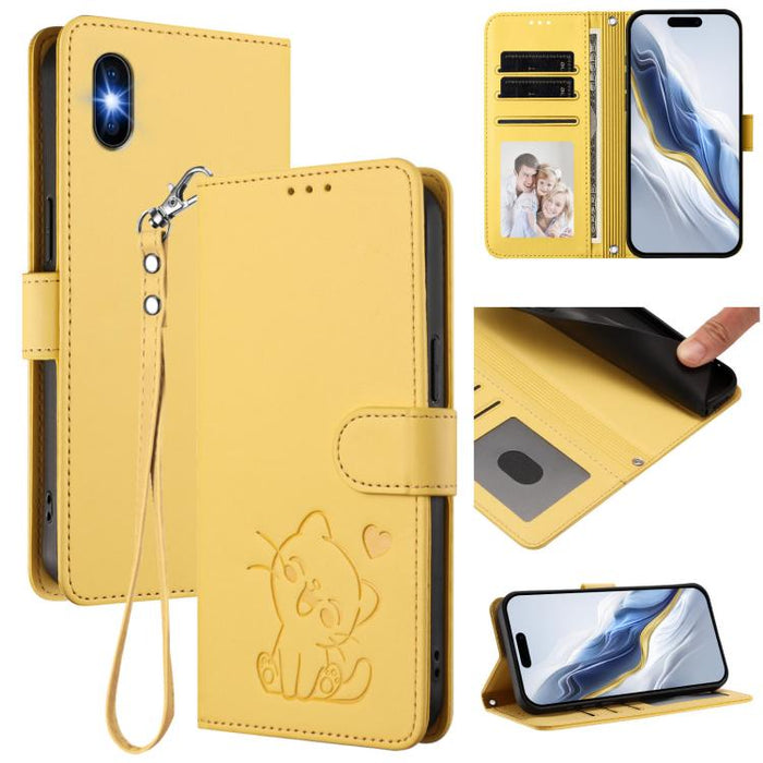 Embossed Heart Cat Leather Phone Case with Hand Strap, For iPhone X / XS, For iPhone XR, For iPhone XS Max, For iPhone 7 Plus / 8 Plus