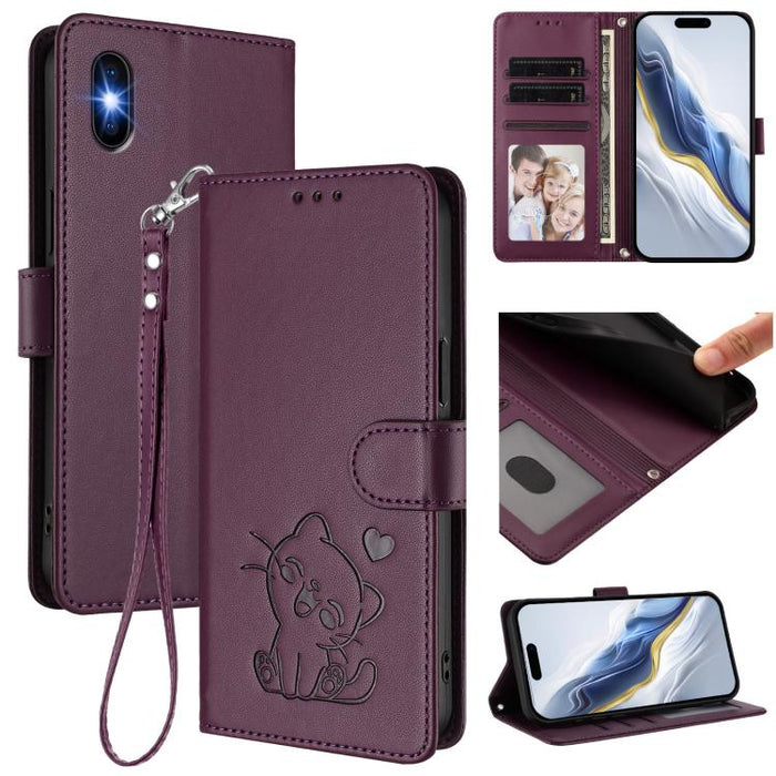 Embossed Heart Cat Leather Phone Case with Hand Strap, For iPhone X / XS, For iPhone XR, For iPhone XS Max, For iPhone 7 Plus / 8 Plus