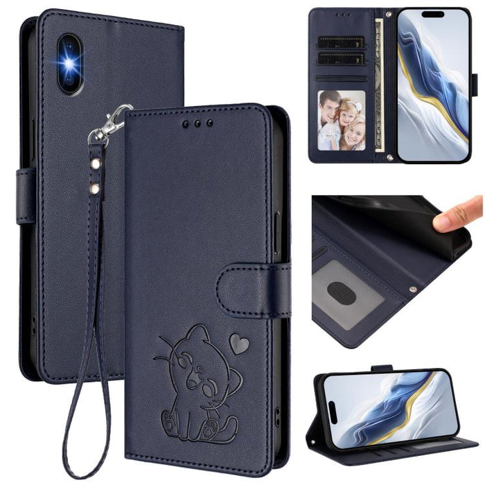 Embossed Heart Cat Leather Phone Case with Hand Strap, For iPhone X / XS, For iPhone XR, For iPhone XS Max, For iPhone 7 Plus / 8 Plus