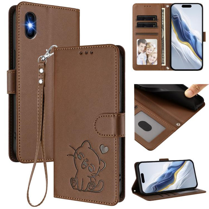 Embossed Heart Cat Leather Phone Case with Hand Strap, For iPhone X / XS, For iPhone XR, For iPhone XS Max, For iPhone 7 Plus / 8 Plus