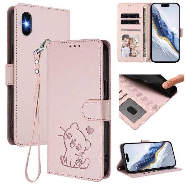 Embossed Heart Cat Leather Phone Case with Hand Strap, For iPhone X / XS, For iPhone XR, For iPhone XS Max, For iPhone 7 Plus / 8 Plus