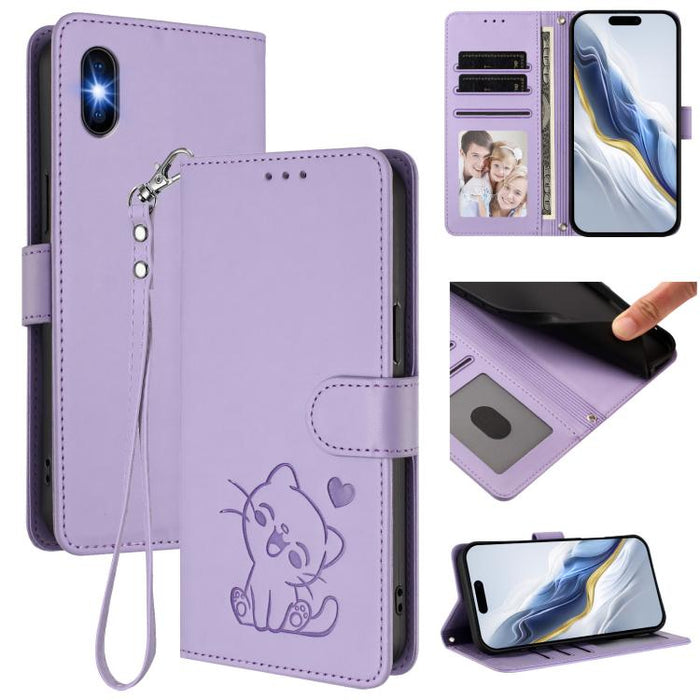 Embossed Heart Cat Leather Phone Case with Hand Strap, For iPhone X / XS, For iPhone XR, For iPhone XS Max, For iPhone 7 Plus / 8 Plus