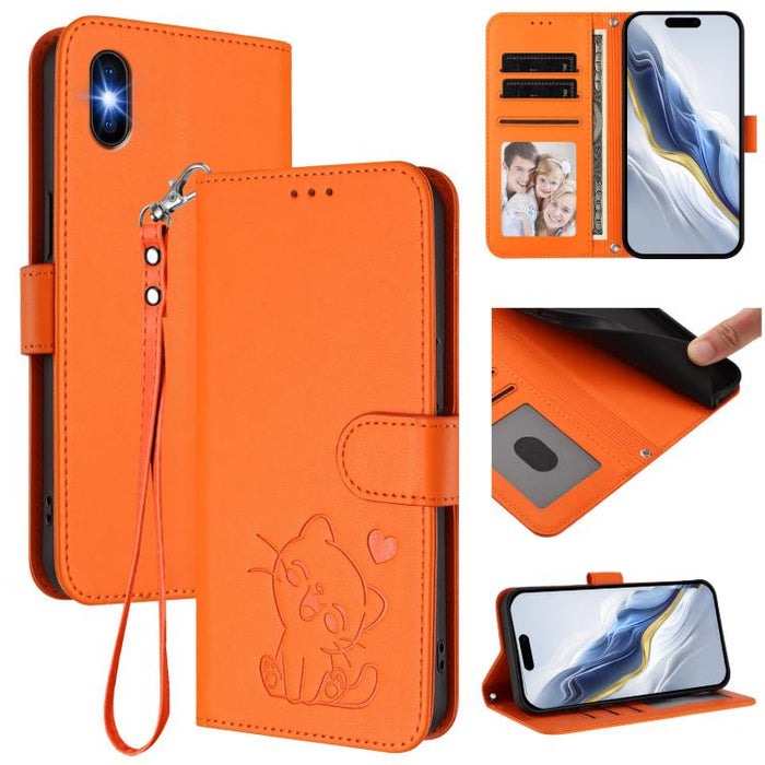Embossed Heart Cat Leather Phone Case with Hand Strap, For iPhone X / XS, For iPhone XR, For iPhone XS Max, For iPhone 7 Plus / 8 Plus