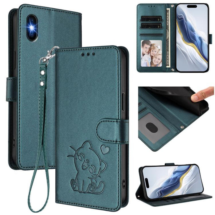 Embossed Heart Cat Leather Phone Case with Hand Strap, For iPhone X / XS, For iPhone XR, For iPhone XS Max, For iPhone 7 Plus / 8 Plus