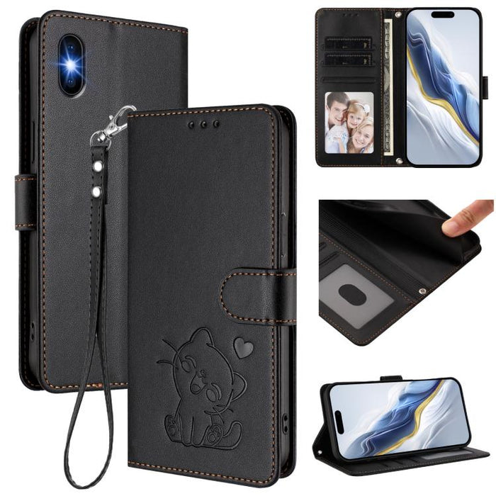 Embossed Heart Cat Leather Phone Case with Hand Strap, For iPhone X / XS, For iPhone XR, For iPhone XS Max, For iPhone 7 Plus / 8 Plus