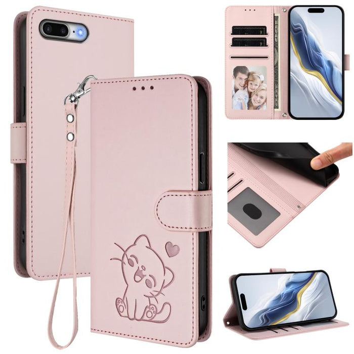 Embossed Heart Cat Leather Phone Case with Hand Strap, For iPhone X / XS, For iPhone XR, For iPhone XS Max, For iPhone 7 Plus / 8 Plus