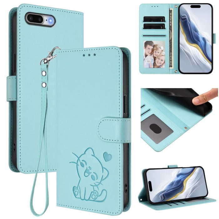 Embossed Heart Cat Leather Phone Case with Hand Strap, For iPhone X / XS, For iPhone XR, For iPhone XS Max, For iPhone 7 Plus / 8 Plus