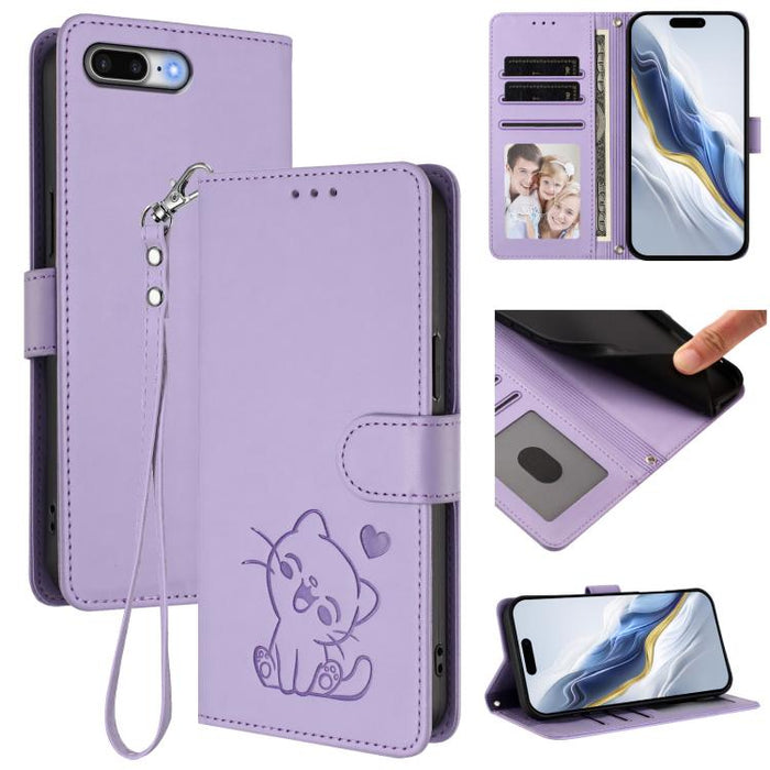 Embossed Heart Cat Leather Phone Case with Hand Strap, For iPhone X / XS, For iPhone XR, For iPhone XS Max, For iPhone 7 Plus / 8 Plus