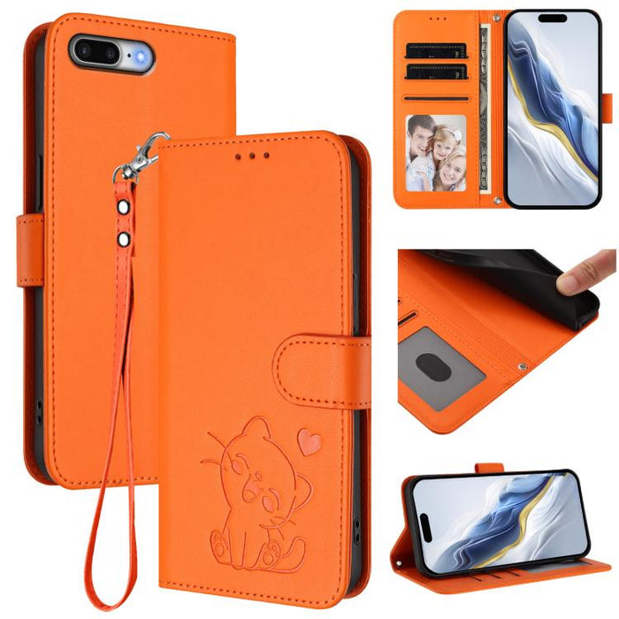 Embossed Heart Cat Leather Phone Case with Hand Strap, For iPhone X / XS, For iPhone XR, For iPhone XS Max, For iPhone 7 Plus / 8 Plus