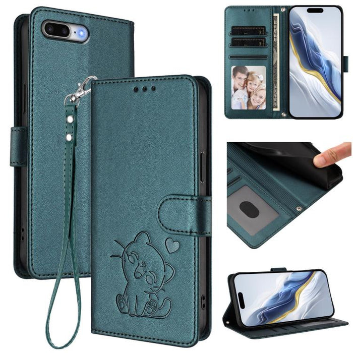 Embossed Heart Cat Leather Phone Case with Hand Strap, For iPhone X / XS, For iPhone XR, For iPhone XS Max, For iPhone 7 Plus / 8 Plus