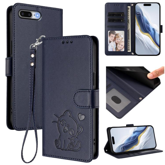 Embossed Heart Cat Leather Phone Case with Hand Strap, For iPhone X / XS, For iPhone XR, For iPhone XS Max, For iPhone 7 Plus / 8 Plus