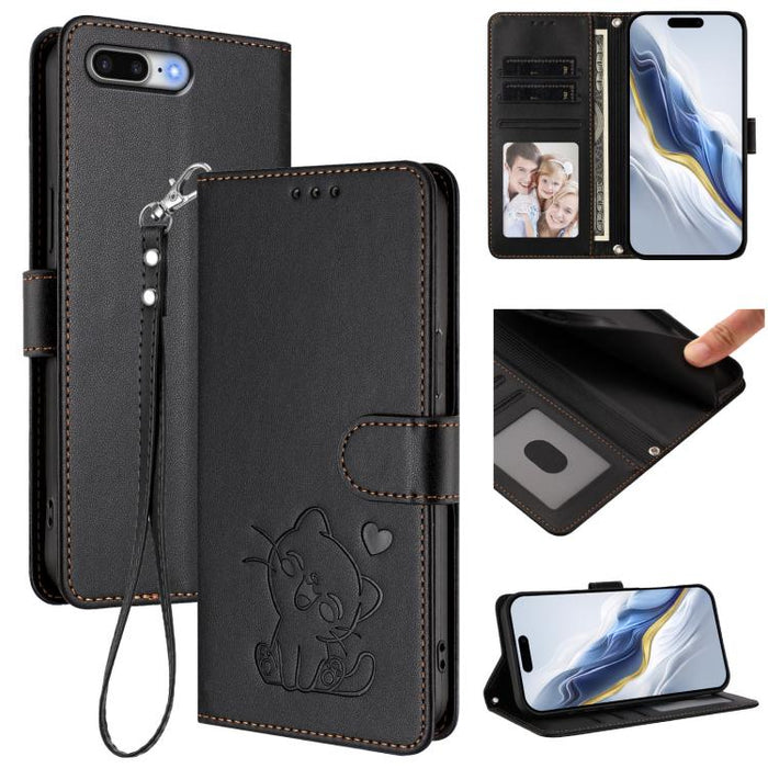 Embossed Heart Cat Leather Phone Case with Hand Strap, For iPhone X / XS, For iPhone XR, For iPhone XS Max, For iPhone 7 Plus / 8 Plus