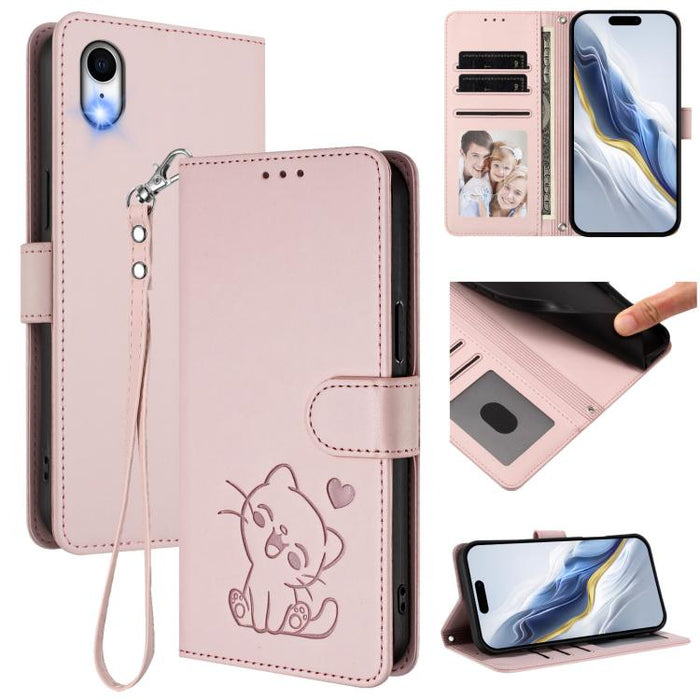 Embossed Heart Cat Leather Phone Case with Hand Strap, For iPhone X / XS, For iPhone XR, For iPhone XS Max, For iPhone 7 Plus / 8 Plus