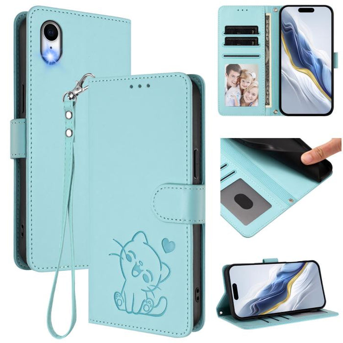 Embossed Heart Cat Leather Phone Case with Hand Strap, For iPhone X / XS, For iPhone XR, For iPhone XS Max, For iPhone 7 Plus / 8 Plus