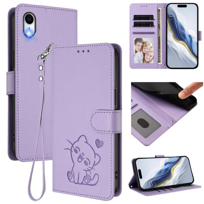 Embossed Heart Cat Leather Phone Case with Hand Strap, For iPhone X / XS, For iPhone XR, For iPhone XS Max, For iPhone 7 Plus / 8 Plus
