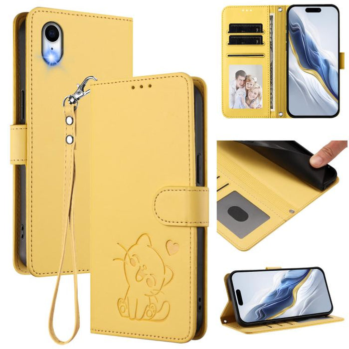 Embossed Heart Cat Leather Phone Case with Hand Strap, For iPhone X / XS, For iPhone XR, For iPhone XS Max, For iPhone 7 Plus / 8 Plus