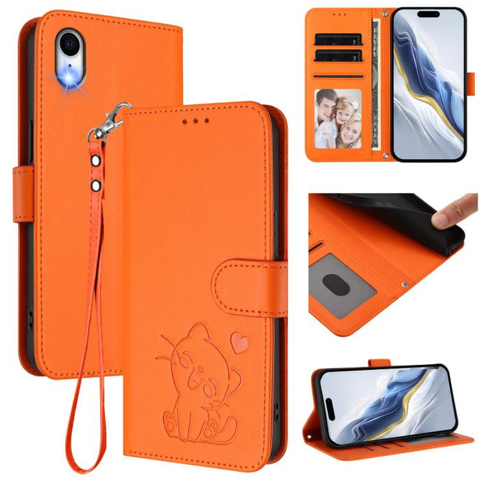 Embossed Heart Cat Leather Phone Case with Hand Strap, For iPhone X / XS, For iPhone XR, For iPhone XS Max, For iPhone 7 Plus / 8 Plus