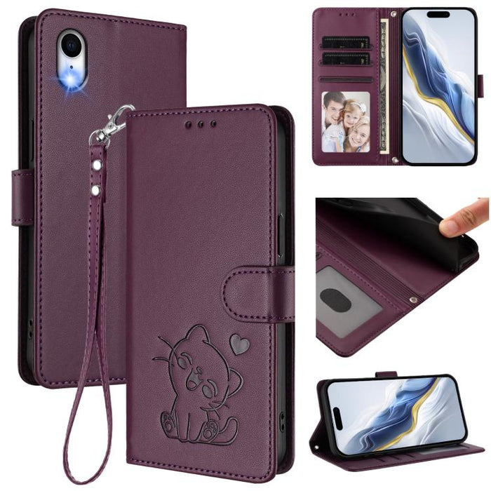 Embossed Heart Cat Leather Phone Case with Hand Strap, For iPhone X / XS, For iPhone XR, For iPhone XS Max, For iPhone 7 Plus / 8 Plus