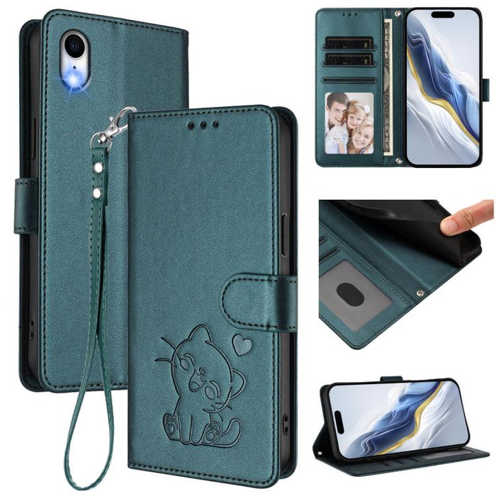 Embossed Heart Cat Leather Phone Case with Hand Strap, For iPhone X / XS, For iPhone XR, For iPhone XS Max, For iPhone 7 Plus / 8 Plus