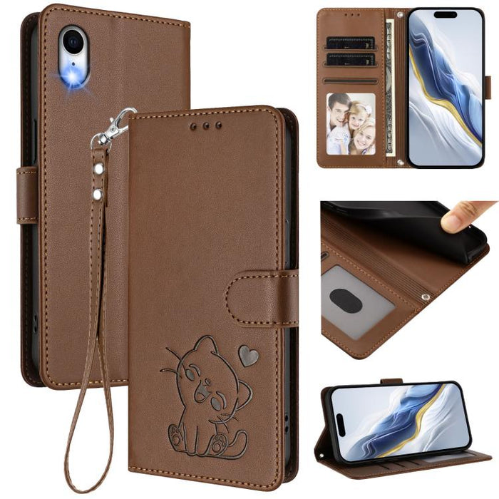 Embossed Heart Cat Leather Phone Case with Hand Strap, For iPhone X / XS, For iPhone XR, For iPhone XS Max, For iPhone 7 Plus / 8 Plus