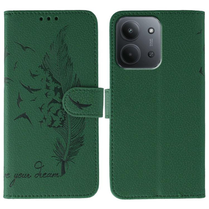 Funda para teléfono de cuero con textura de lichi y estampado de plumas, For Redmi 15C 5G / 4G EU 173mm, For Redmi 15 5G Global / 15 4G SEA, For Redmi 15 5G / 4G EU 171mm, For Redmi 15C 5G / 4G Global 171mm, For Redmi Turbo 4 Pro 5G / Poco F7