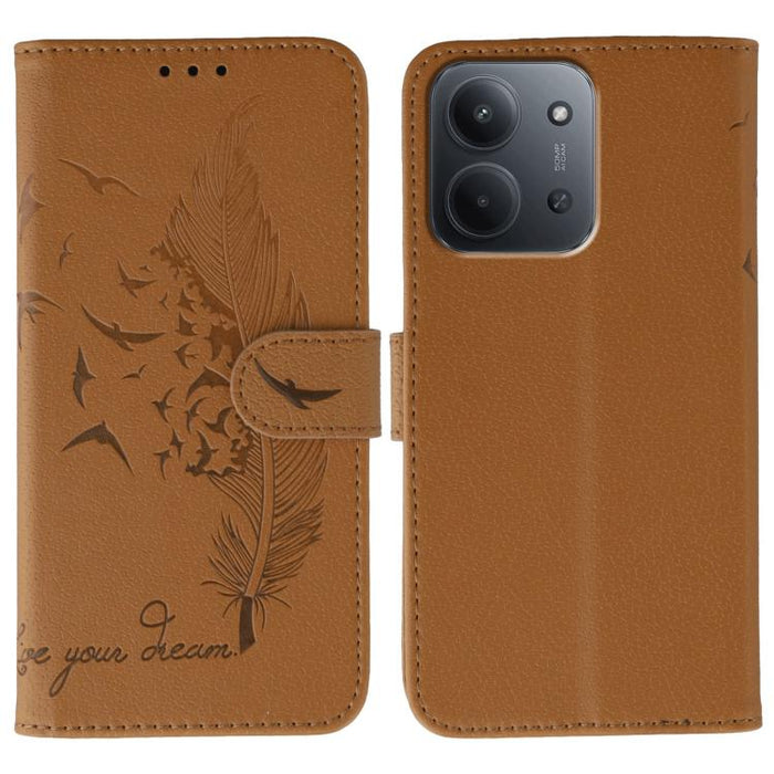 Funda para teléfono de cuero con textura de lichi y estampado de plumas, For Redmi 15C 5G / 4G EU 173mm, For Redmi 15 5G Global / 15 4G SEA, For Redmi 15 5G / 4G EU 171mm, For Redmi 15C 5G / 4G Global 171mm, For Redmi Turbo 4 Pro 5G / Poco F7