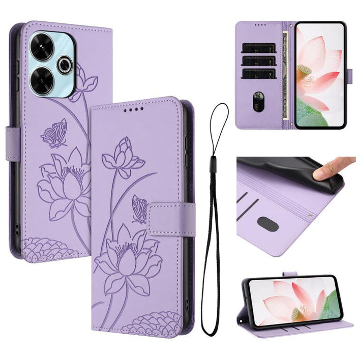 Funda para teléfono de piel con relieve de loto y cordón., For Redmi Note 13 Pro 4G / Note 14S 4G Global, For Redmi Note 14 4G EU 164.84mm, For Redmi Note 14 Pro 5G / 14 Pro+ 5G Global, For Redmi Note 14 5G Global / Poco M7 Pro 5G                      ...