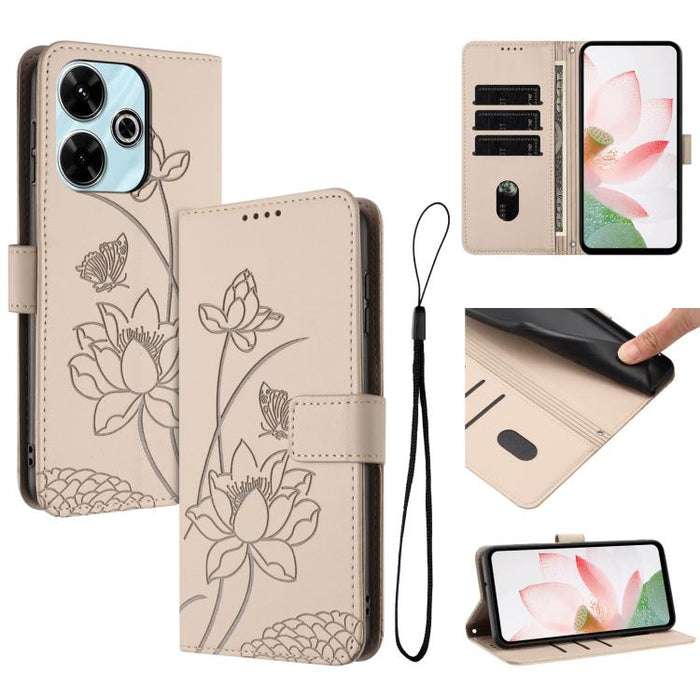 Funda para teléfono de piel con relieve de loto y cordón., For Redmi Note 13 Pro 4G / Note 14S 4G Global, For Redmi Note 14 4G EU 164.84mm, For Redmi Note 14 Pro 5G / 14 Pro+ 5G Global, For Redmi Note 14 5G Global / Poco M7 Pro 5G                      ...