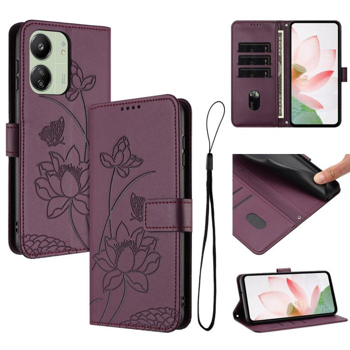 Funda para teléfono de piel con relieve de loto y cordón., For Redmi Note 13 Pro 4G / Note 14S 4G Global, For Redmi Note 14 4G EU 164.84mm, For Redmi Note 14 Pro 5G / 14 Pro+ 5G Global, For Redmi Note 14 5G Global / Poco M7 Pro 5G                      ...