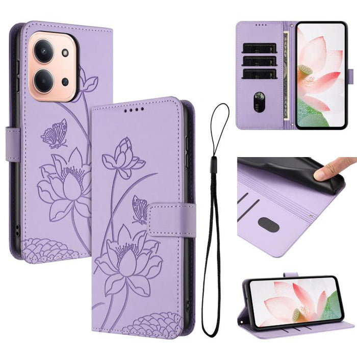 Funda para teléfono de piel con relieve de loto y cordón., For Redmi Note 13 Pro 4G / Note 14S 4G Global, For Redmi Note 14 4G EU 164.84mm, For Redmi Note 14 Pro 5G / 14 Pro+ 5G Global, For Redmi Note 14 5G Global / Poco M7 Pro 5G                      ...