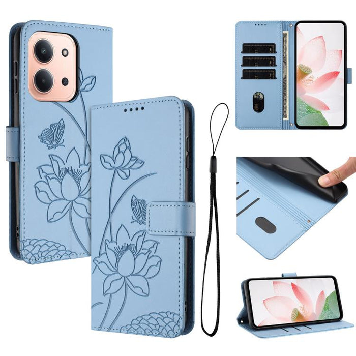 Funda para teléfono de piel con relieve de loto y cordón., For Redmi Note 13 Pro 4G / Note 14S 4G Global, For Redmi Note 14 4G EU 164.84mm, For Redmi Note 14 Pro 5G / 14 Pro+ 5G Global, For Redmi Note 14 5G Global / Poco M7 Pro 5G                      ...