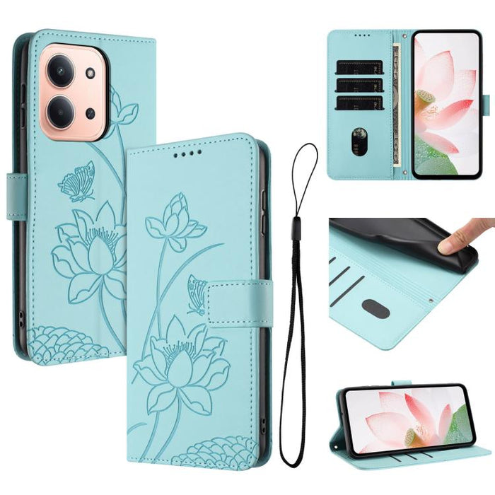 Funda para teléfono de piel con relieve de loto y cordón., For Redmi Note 13 Pro 4G / Note 14S 4G Global, For Redmi Note 14 4G EU 164.84mm, For Redmi Note 14 Pro 5G / 14 Pro+ 5G Global, For Redmi Note 14 5G Global / Poco M7 Pro 5G                      ...