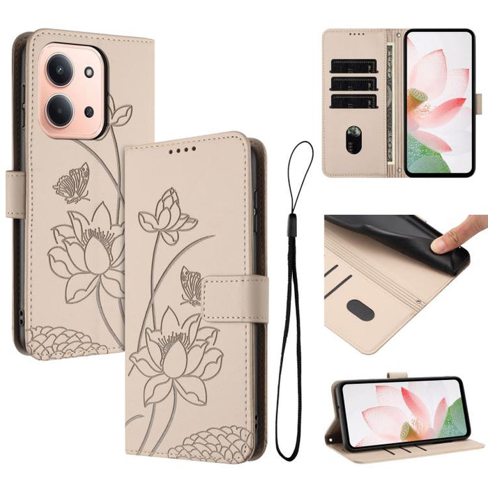 Funda para teléfono de piel con relieve de loto y cordón., For Redmi Note 13 Pro 4G / Note 14S 4G Global, For Redmi Note 14 4G EU 164.84mm, For Redmi Note 14 Pro 5G / 14 Pro+ 5G Global, For Redmi Note 14 5G Global / Poco M7 Pro 5G                      ...