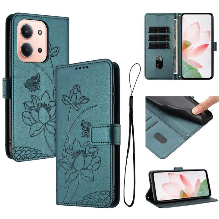 Funda para teléfono de piel con relieve de loto y cordón., For Redmi Note 13 Pro 4G / Note 14S 4G Global, For Redmi Note 14 4G EU 164.84mm, For Redmi Note 14 Pro 5G / 14 Pro+ 5G Global, For Redmi Note 14 5G Global / Poco M7 Pro 5G                      ...
