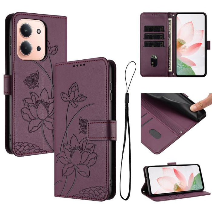 Funda para teléfono de piel con relieve de loto y cordón., For Redmi Note 13 Pro 4G / Note 14S 4G Global, For Redmi Note 14 4G EU 164.84mm, For Redmi Note 14 Pro 5G / 14 Pro+ 5G Global, For Redmi Note 14 5G Global / Poco M7 Pro 5G                      ...