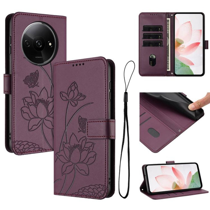 Funda para teléfono de piel con relieve de loto y cordón., For Redmi Note 13 Pro 4G / Note 14S 4G Global, For Redmi Note 14 4G EU 164.84mm, For Redmi Note 14 Pro 5G / 14 Pro+ 5G Global, For Redmi Note 14 5G Global / Poco M7 Pro 5G                      ...