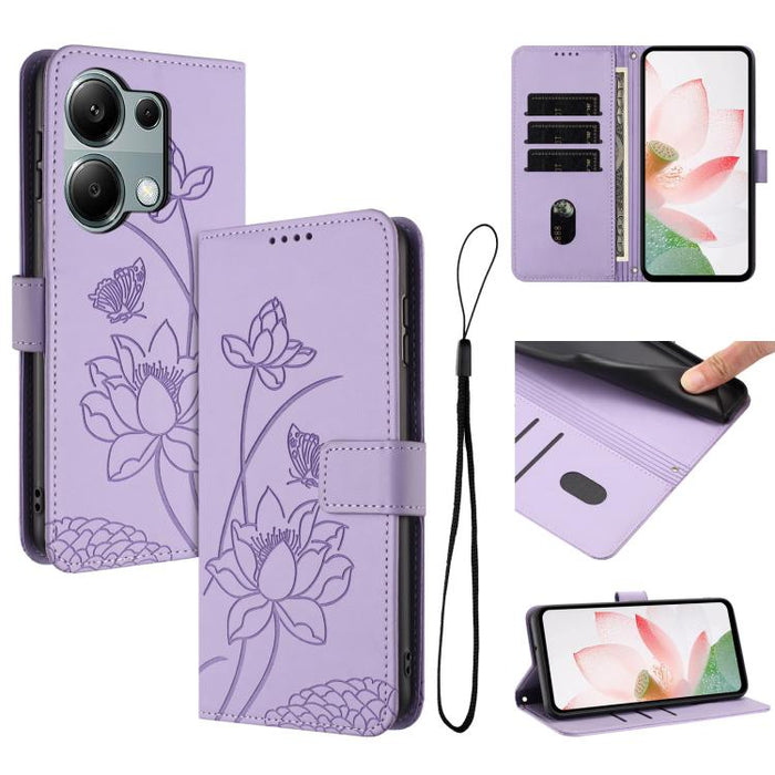 Funda para teléfono de piel con relieve de loto y cordón., For Redmi Note 13 Pro 4G / Note 14S 4G Global, For Redmi Note 14 4G EU 164.84mm, For Redmi Note 14 Pro 5G / 14 Pro+ 5G Global, For Redmi Note 14 5G Global / Poco M7 Pro 5G                      ...