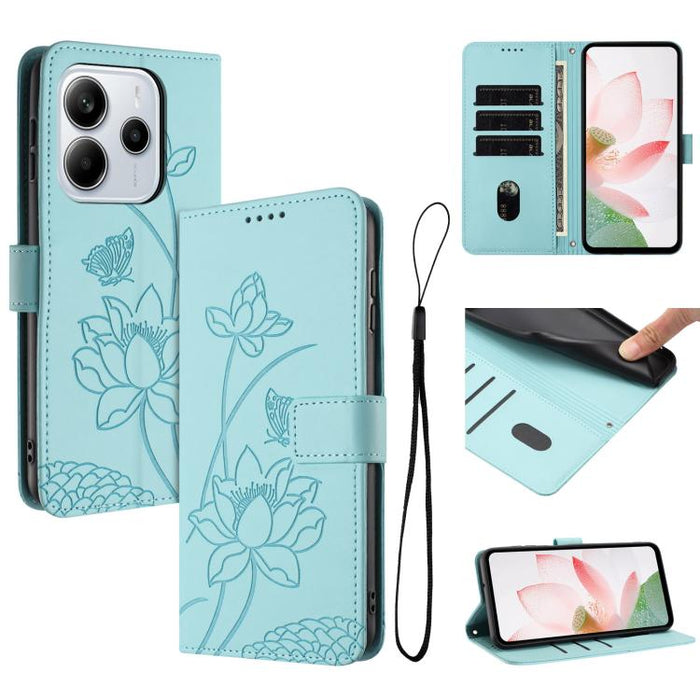 Funda para teléfono de piel con relieve de loto y cordón., For Redmi Note 13 Pro 4G / Note 14S 4G Global, For Redmi Note 14 4G EU 164.84mm, For Redmi Note 14 Pro 5G / 14 Pro+ 5G Global, For Redmi Note 14 5G Global / Poco M7 Pro 5G                      ...