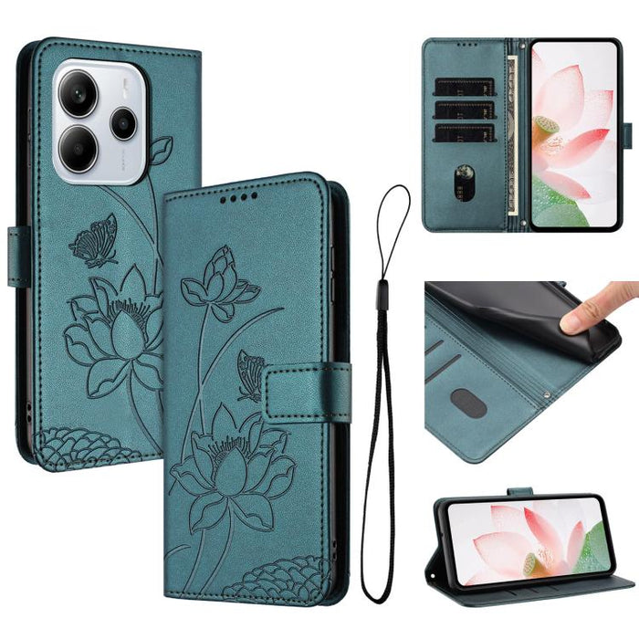 Funda para teléfono de piel con relieve de loto y cordón., For Redmi Note 13 Pro 4G / Note 14S 4G Global, For Redmi Note 14 4G EU 164.84mm, For Redmi Note 14 Pro 5G / 14 Pro+ 5G Global, For Redmi Note 14 5G Global / Poco M7 Pro 5G                      ...
