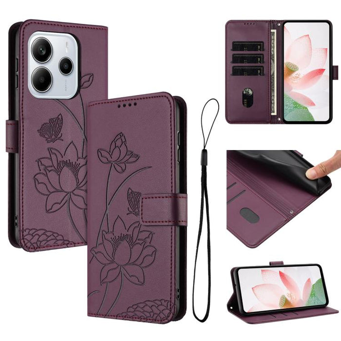 Funda para teléfono de piel con relieve de loto y cordón., For Redmi Note 13 Pro 4G / Note 14S 4G Global, For Redmi Note 14 4G EU 164.84mm, For Redmi Note 14 Pro 5G / 14 Pro+ 5G Global, For Redmi Note 14 5G Global / Poco M7 Pro 5G                      ...