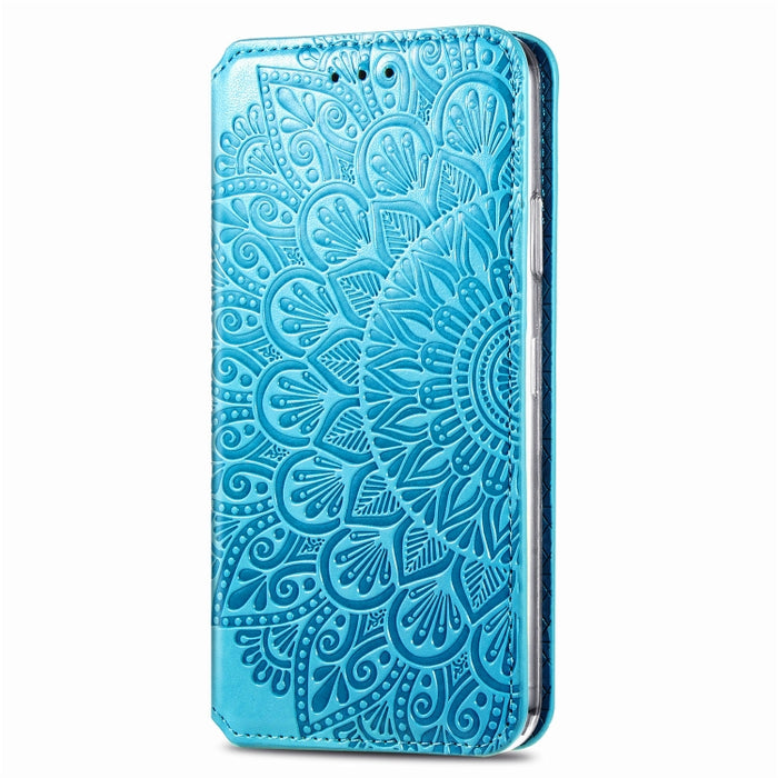 Estuche de cuero con tapa horizontal magnética con patrón en relieve de mandala floreciente con soporte y ranuras para tarjetas y billetera