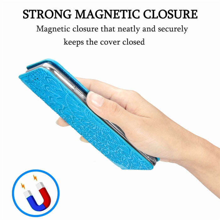 Estuche de cuero con tapa horizontal magnética con patrón en relieve de mandala floreciente con soporte y ranuras para tarjetas y billetera
