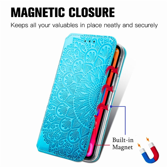 Estuche de cuero con tapa horizontal magnética con patrón en relieve de mandala floreciente con soporte y ranuras para tarjetas y billetera