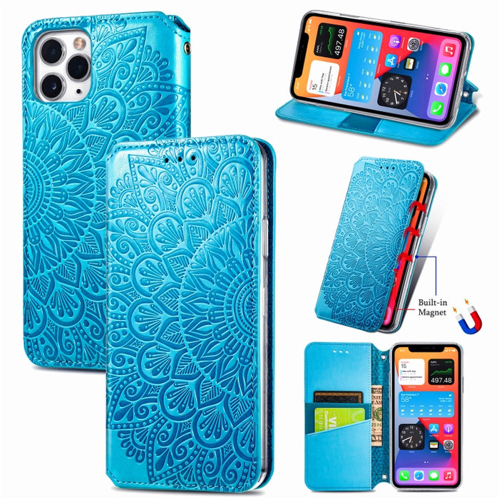 Estuche de cuero con tapa horizontal magnética con patrón en relieve de mandala floreciente con soporte y ranuras para tarjetas y billetera