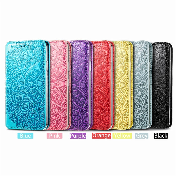 Estuche de cuero con tapa horizontal magnética con patrón en relieve de mandala floreciente con soporte y ranuras para tarjetas y billetera