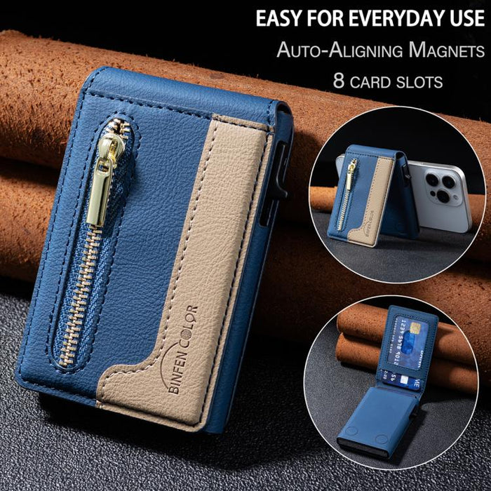 BFK31 Colorblock Zipper MagSafe Magnetic Leather Card Bag